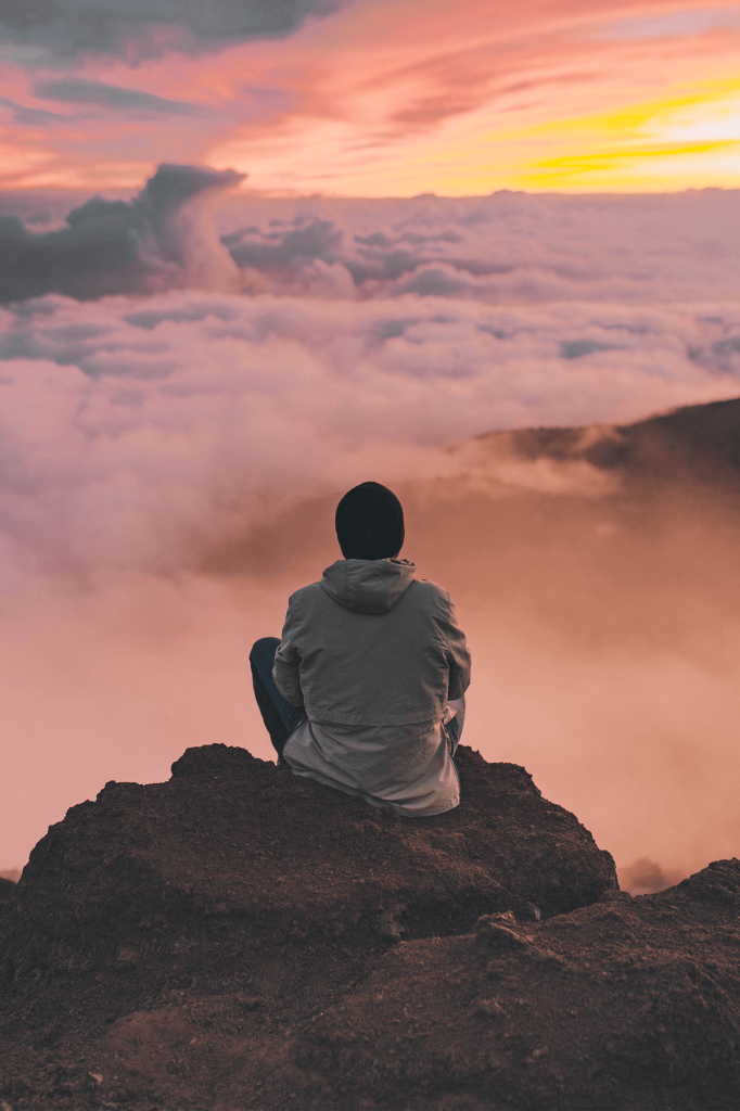 person on cliff looking at pink clouds